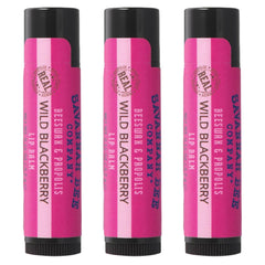 Savannah Bee lip balm wild blackberry 3-pack packaging for on-the-go hydration.