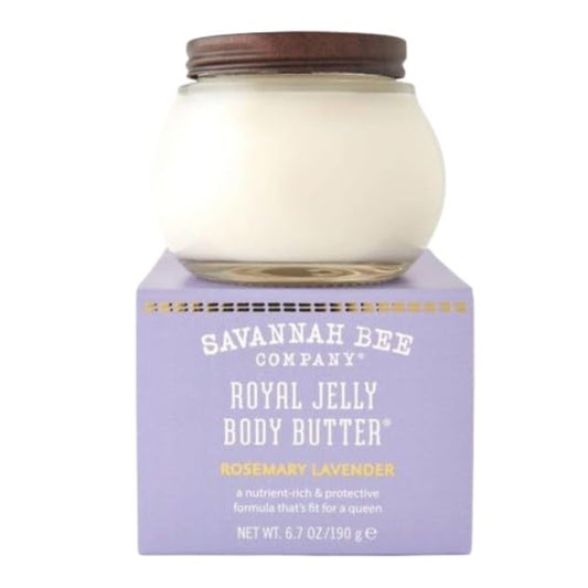Savannah Bee Royal Jelly Body Butter jar with rosemary lavender scent nourishes skin