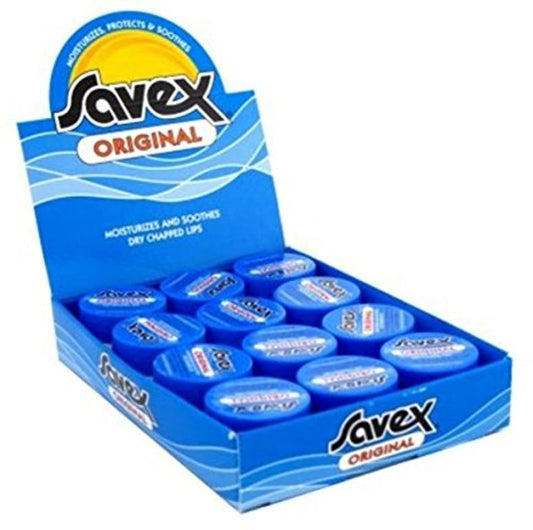 Savex Original Lip Balm 12-pack packaging showing compact glide for on-the-go moisture.