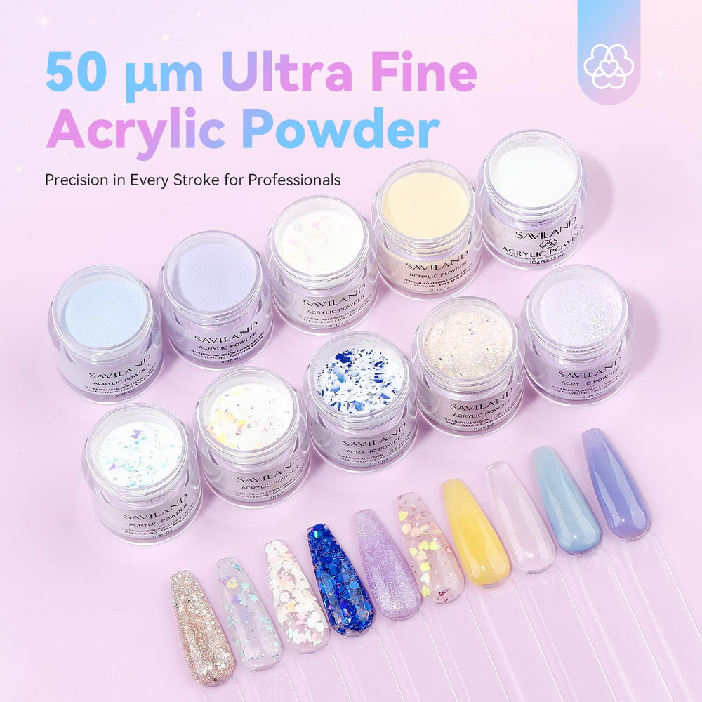 Saviland 10-color acrylic powder collection shown in close-up for shade options.