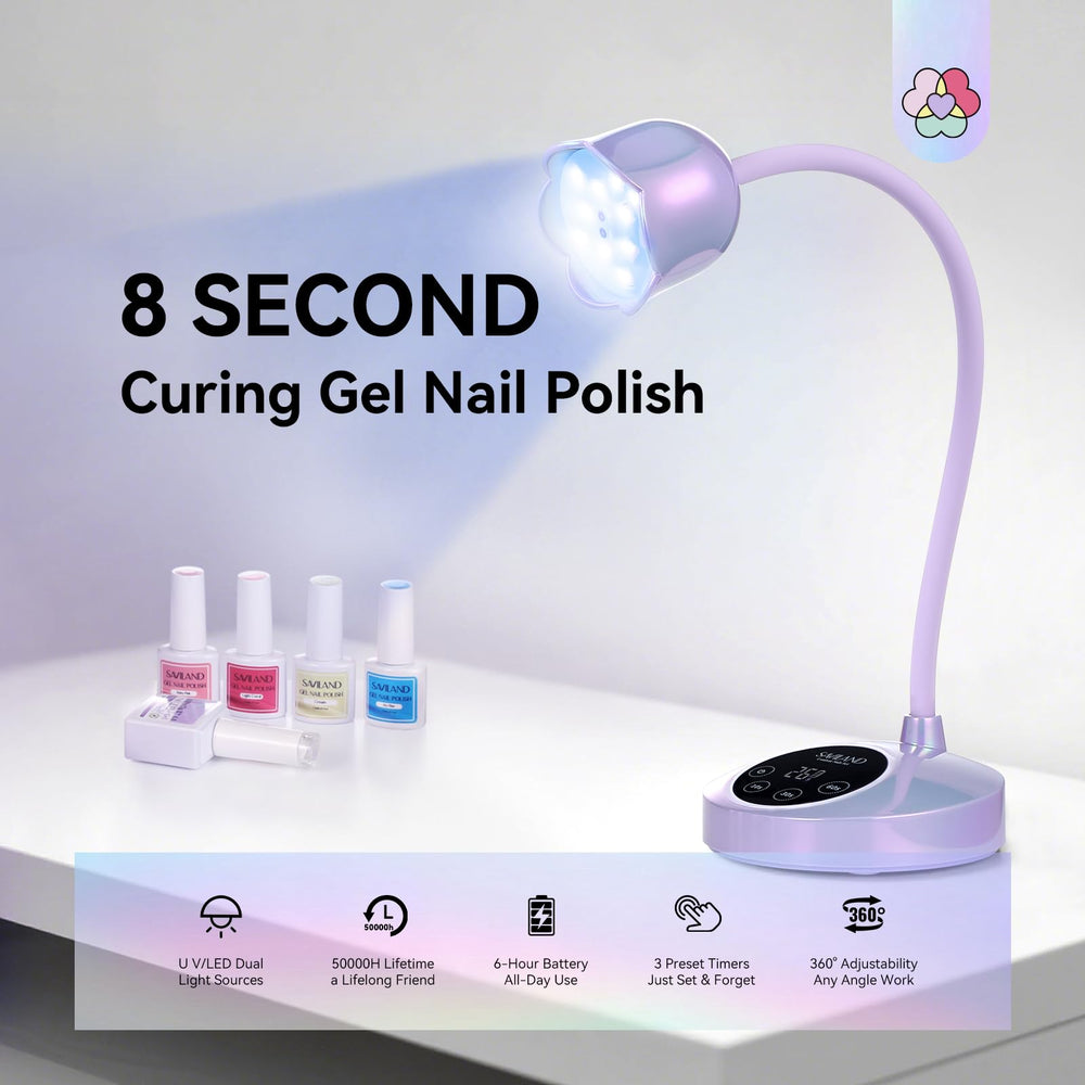 SAVILAND lamp with gooseneck rotation highlights 360° positioning for precise nail art sessions