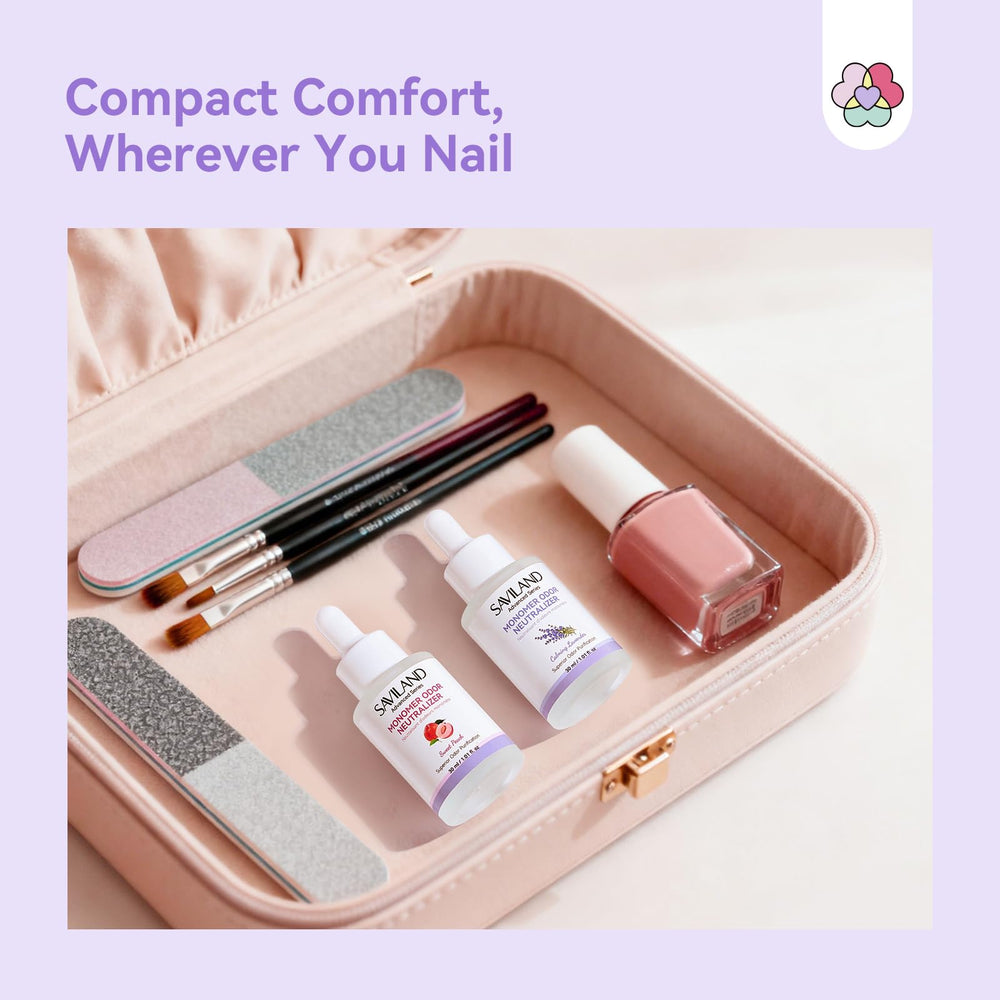 Home DIY nail setup featuring SAVILAND Monomer Drops for fragrance and focus