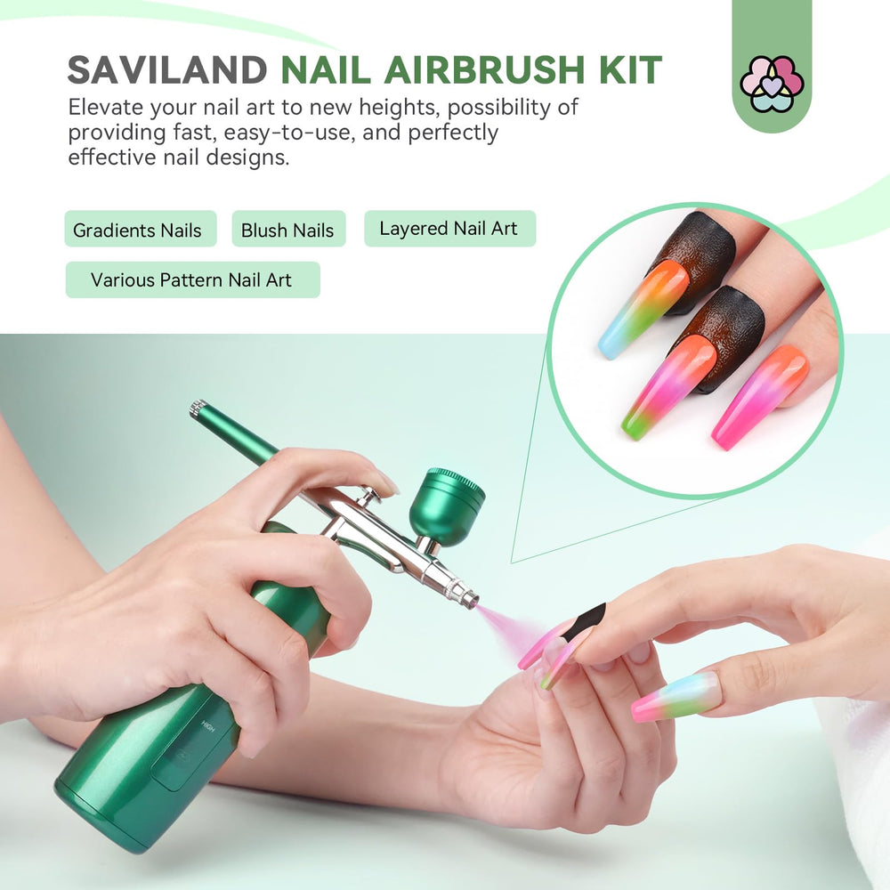 SAVILAND nail airbrush kit with metal cup supports steady pigment flow for gradients.