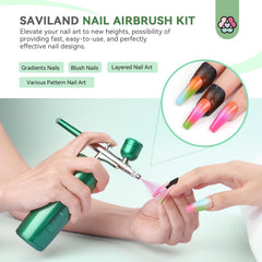 SAVILAND nail airbrush kit with metal cup supports steady pigment flow for gradients.