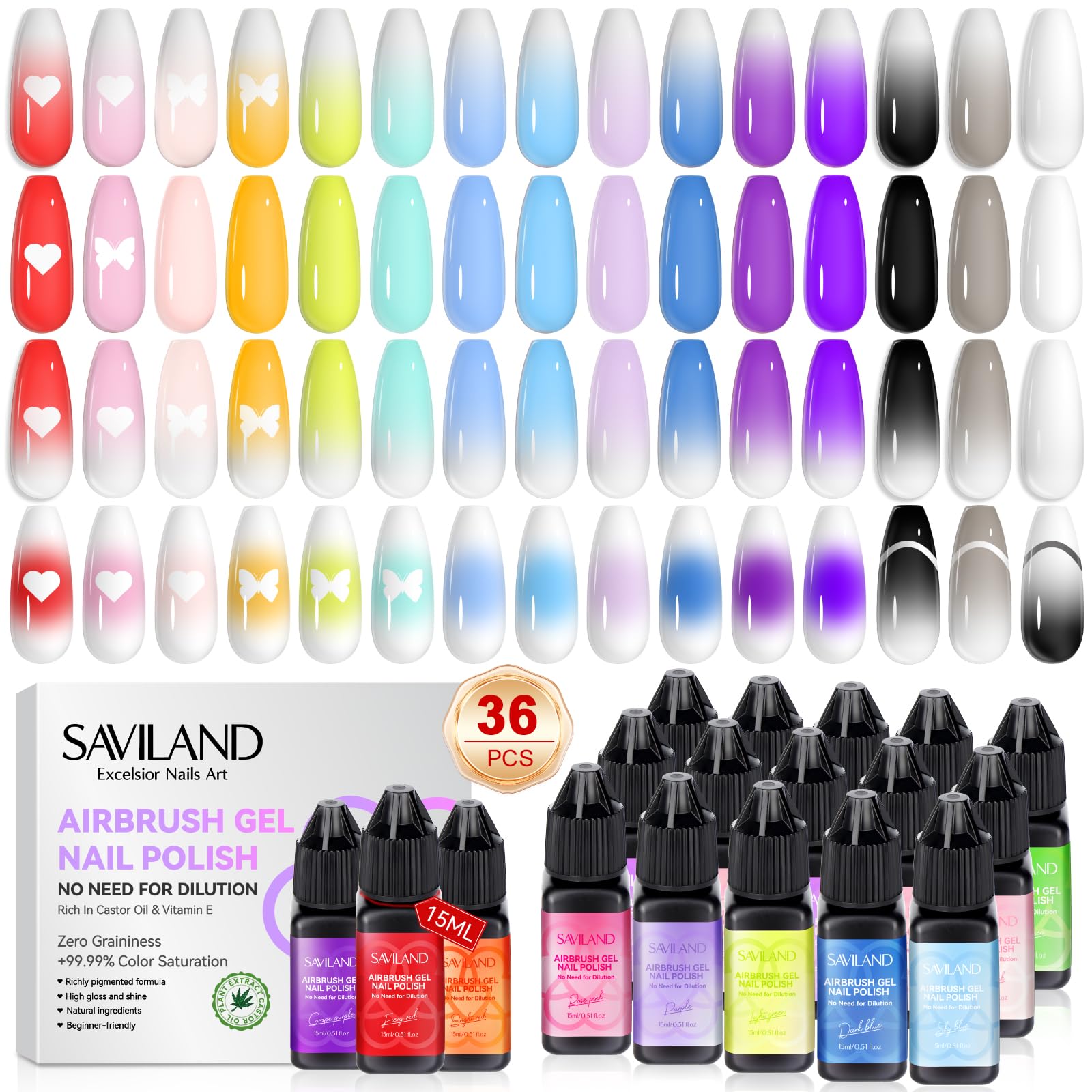 SAVILAND airbrush gel nail polish bottle displays vibrant 36-color range for at-home manicures