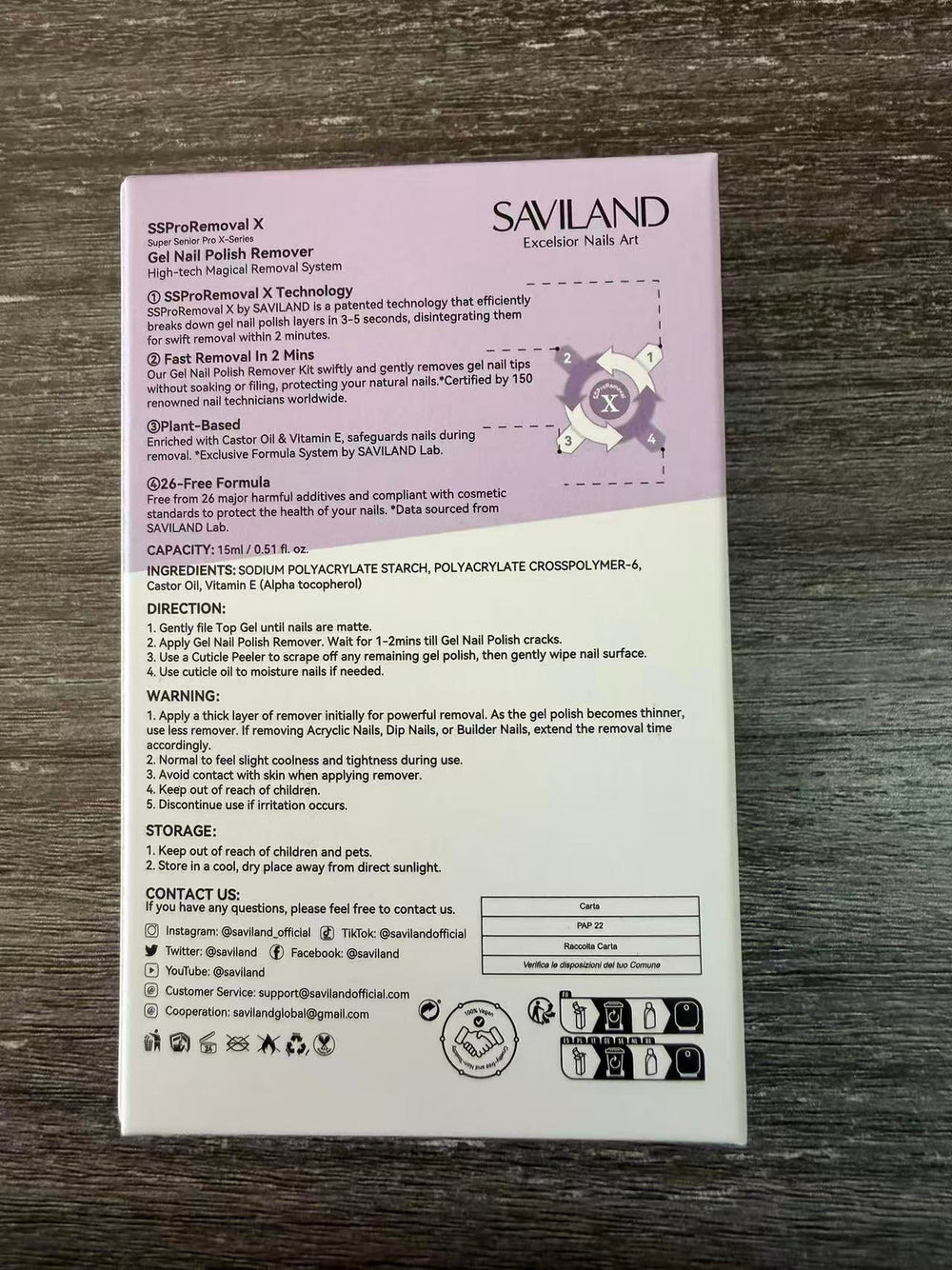 SAVILAND remover with castor oil and vitamin E during application for gentle care