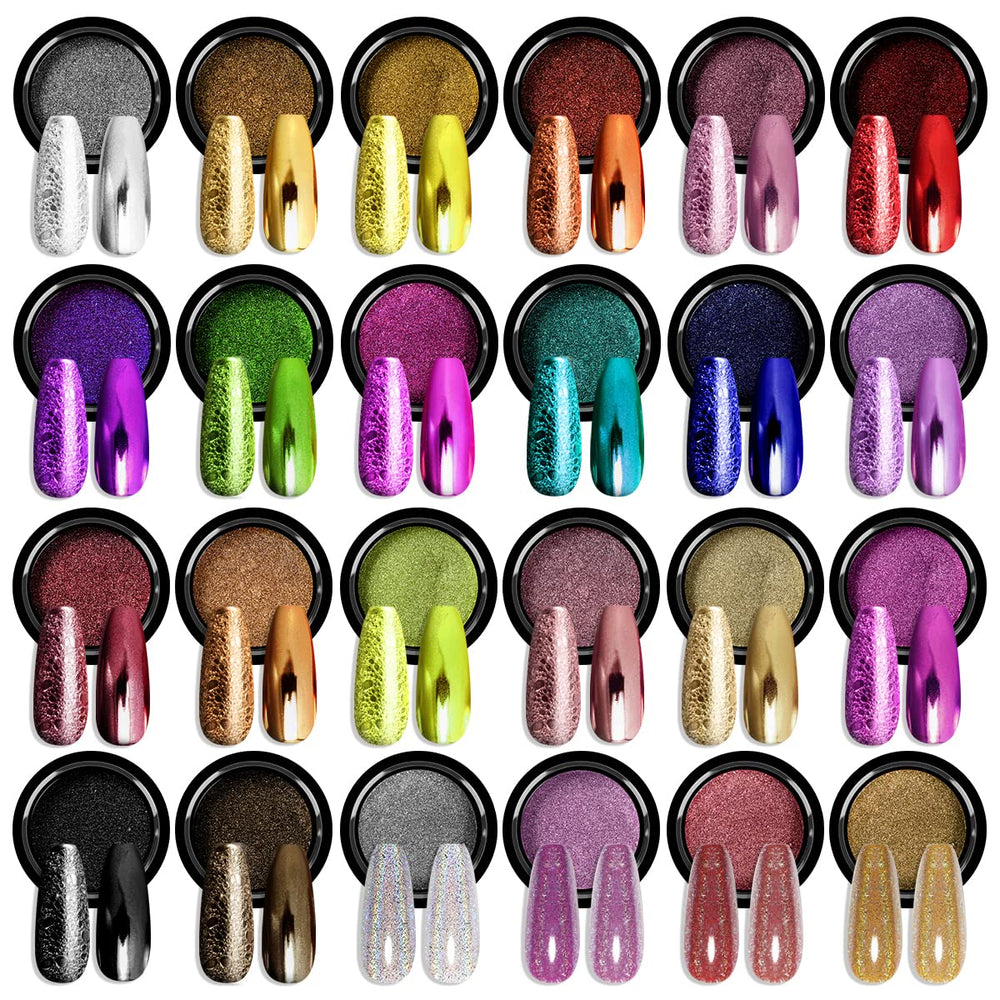 SAVILAND chrome powder bottles close-up showing vibrant 24-color range