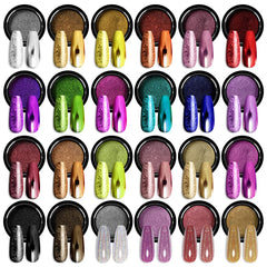 SAVILAND chrome powder bottles close-up showing vibrant 24-color range