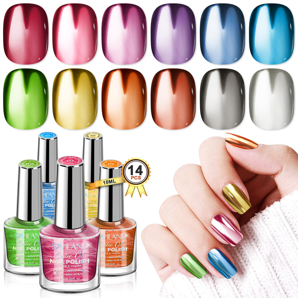 SAVILAND metallic nail polish quick dry bottle close-up with vivid chrome sheen