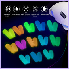 SAVILAND nails under UV light glow with neon effect.