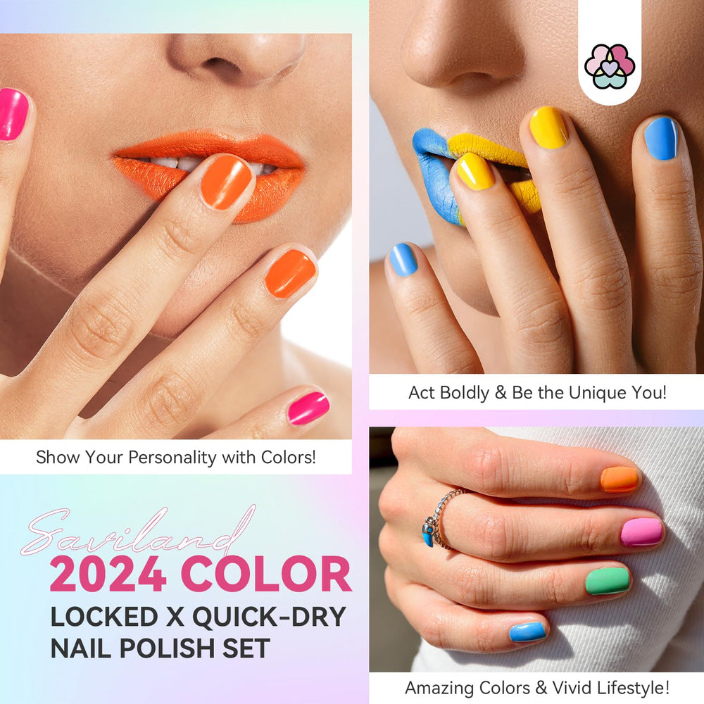 SAVILAND quick-dry nail polish bottles arranged in a vivid neon lineup.