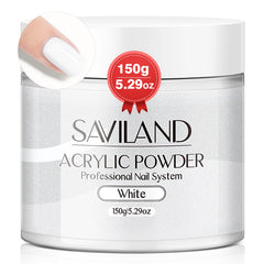 Saviland white acrylic nail powder 150g jar closeup, ideal for professional use.