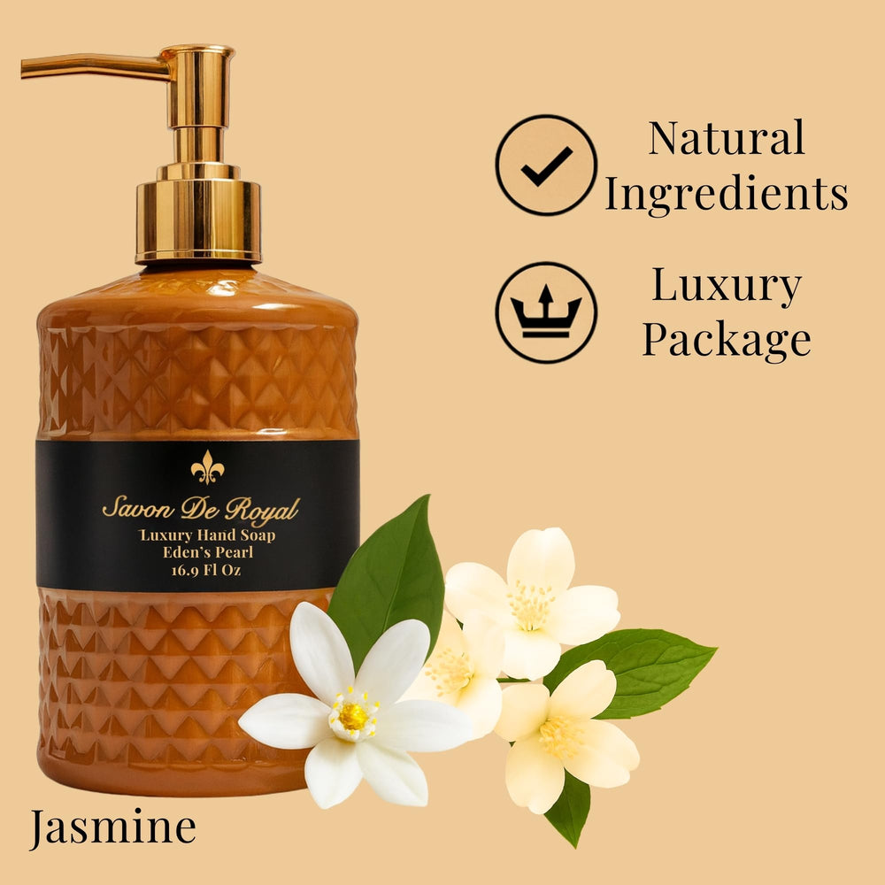 Savon De Royal bottle pump closeup highlighting moisturizing formula for gentle cleansing.