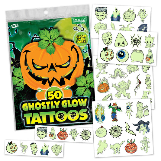 Savvi Glow Ghost tattoos glow in the dark for nighttime Halloween fun.