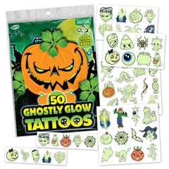 Savvi Glow Ghost tattoos glow in the dark for nighttime Halloween fun.