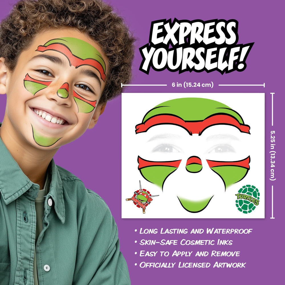 Savvi TMNT face tattoo of Raphael for a bold, action-ready disguise.