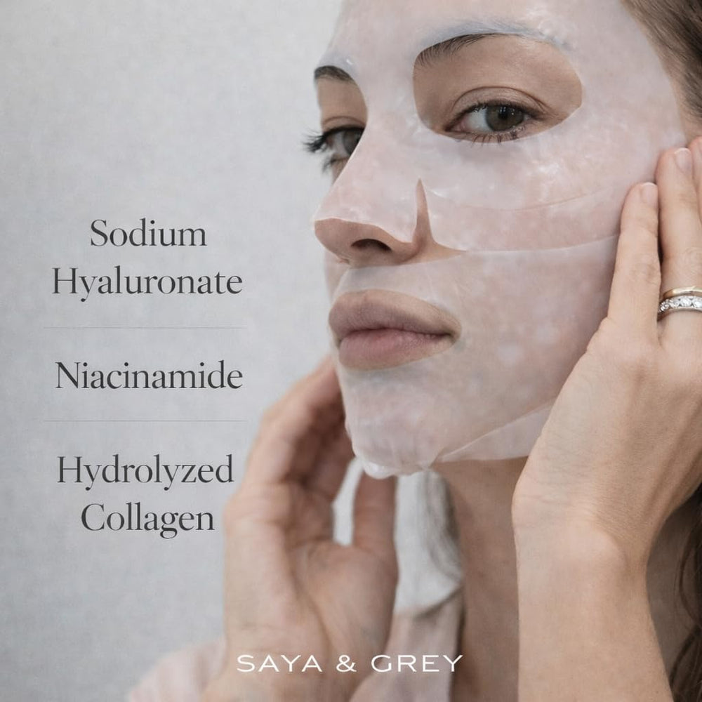 Saya & Grey Hydro Cera-Nol mask sheet in hand, showcasing portable hydration.