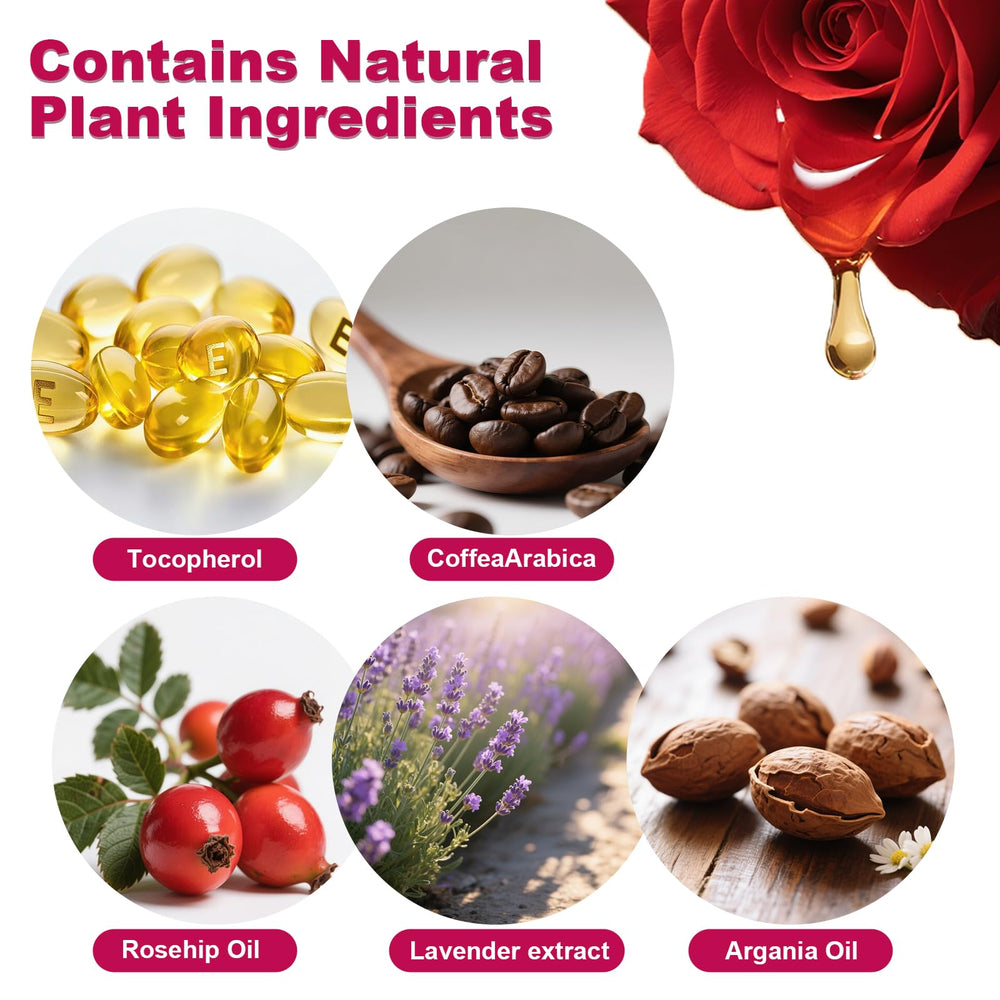 Ingredients include rosehip and coffee seed oils in SBONFE formulation