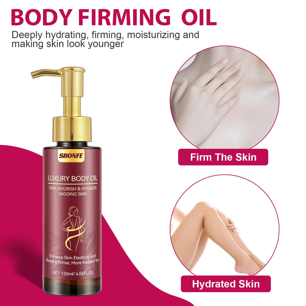 Close-up of SBONFE Body Firming Oil texture showing a smooth skin feel