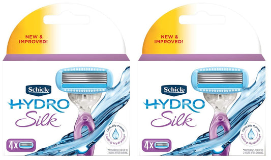 Schick Hydro Silk cartridges 2-pack in box, designed for gentle shave and skin protection.