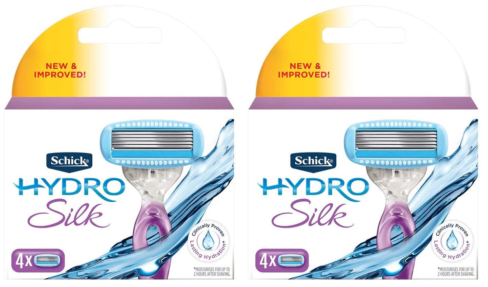 Schick Hydro Silk cartridge close-up showing 5 blades and skin guards for irritation reduction.