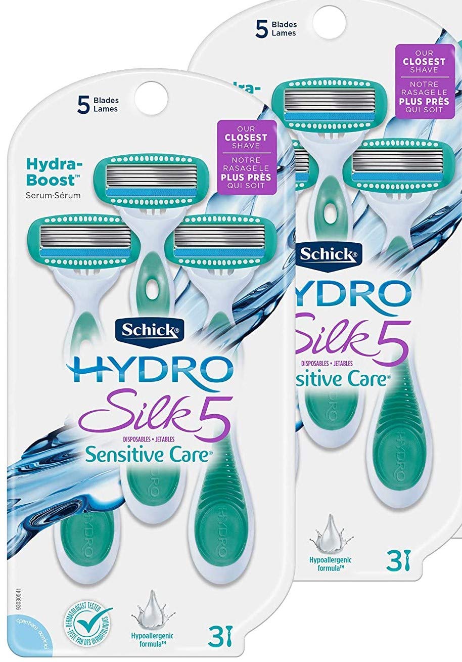 Schick Hydro Silk disposable razors, pack-2 closeup, boosting hydration for smooth skin.