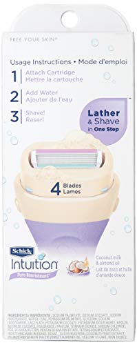 Schick Women's Intuition Pure Nourishment razor in shower ready to attach cartridge for fast grooming.