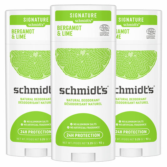 Schmidt's Bergamot + Lime three-pack deodorants offer aluminum-free freshness for daily wear