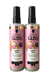 Schwarzkopf Gliss Liquid Silk Leave-In Conditioner spray close-up, lightweight formula for quick conditioning.