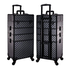SCIKHEFT rolling makeup train case in all black diamond, ideal for travel-ready professional storage.