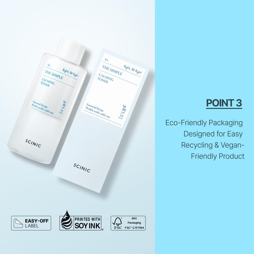 SCINIC Simple Calming Toner label communicates pH-balanced mild care