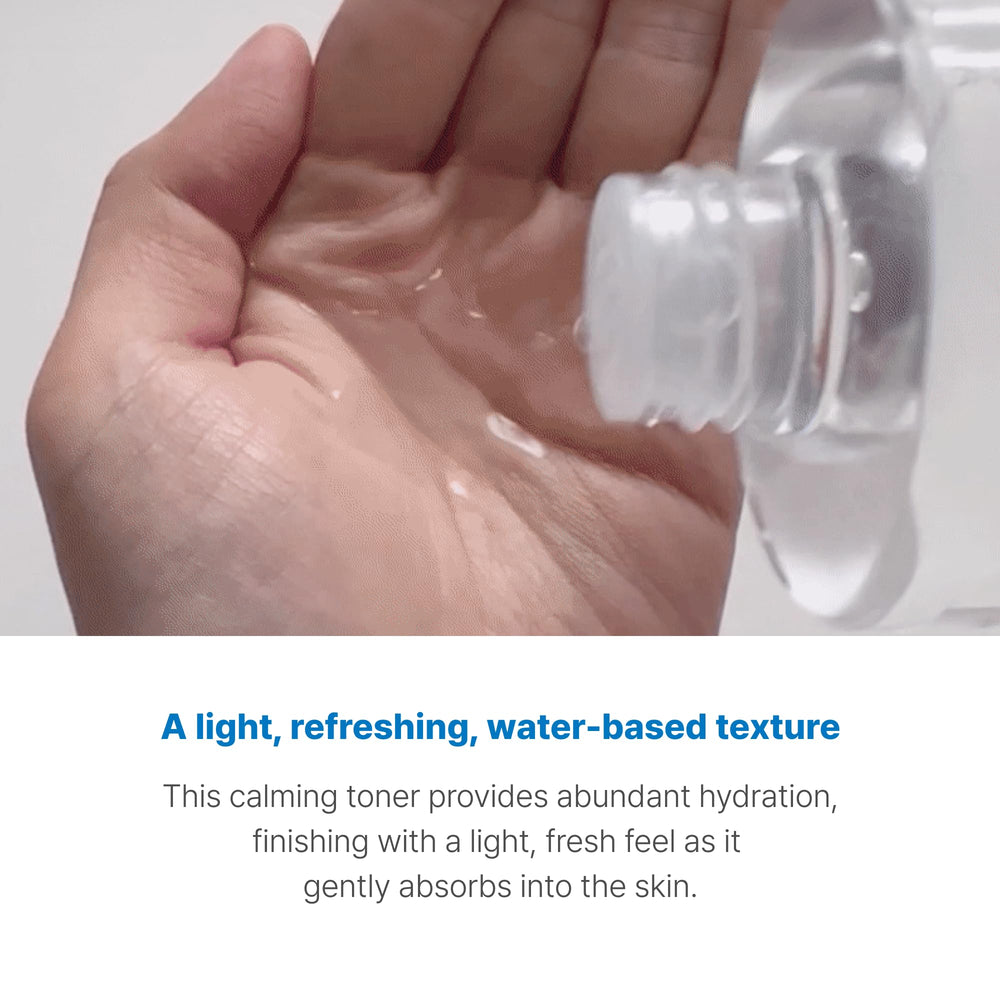 SCINIC Simple Calming Toner texture close-up demonstrates fresh watery feel
