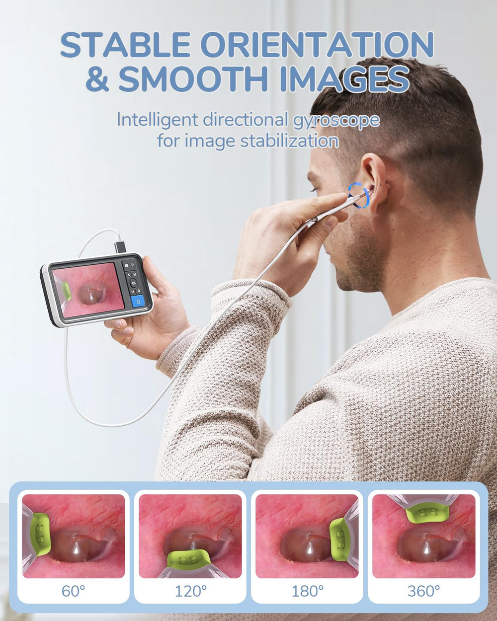Gyroscope stabilization keeps ear canal view steady during exams.