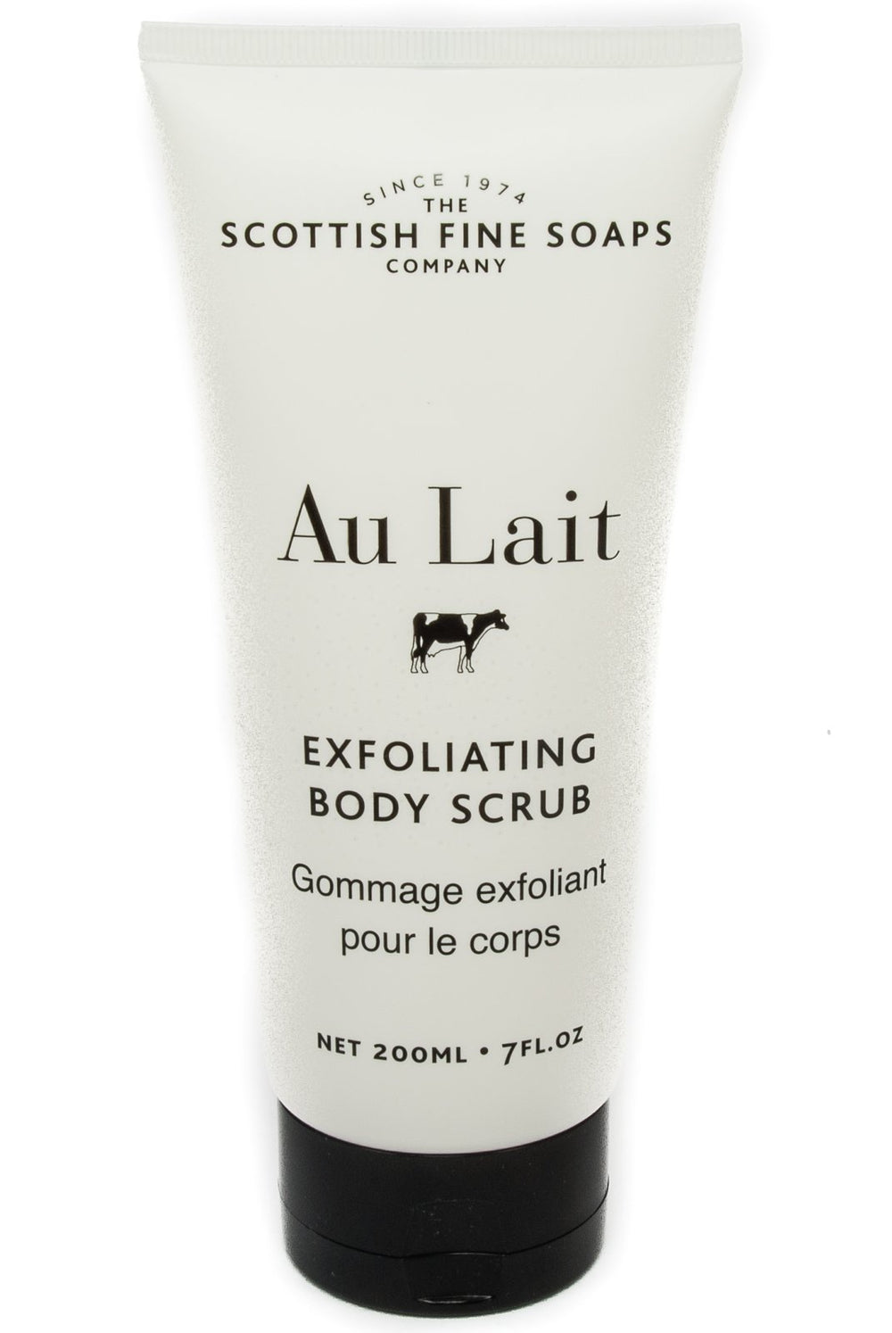 Scottish Fine Soaps Au Lait exfoliating body scrub bottle offers gentle exfoliation for smoother skin