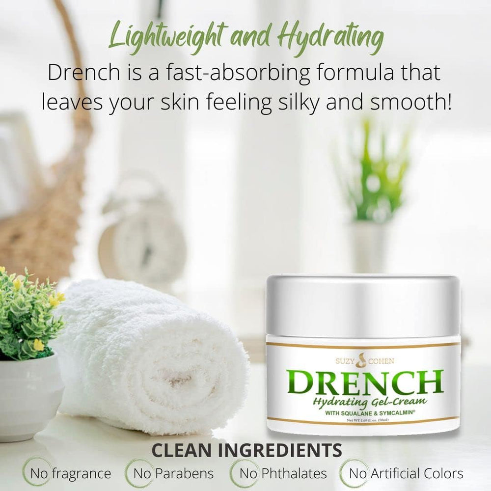 Person applying Script Essentials Suzy Cohen Drench Face Cream for hydration.