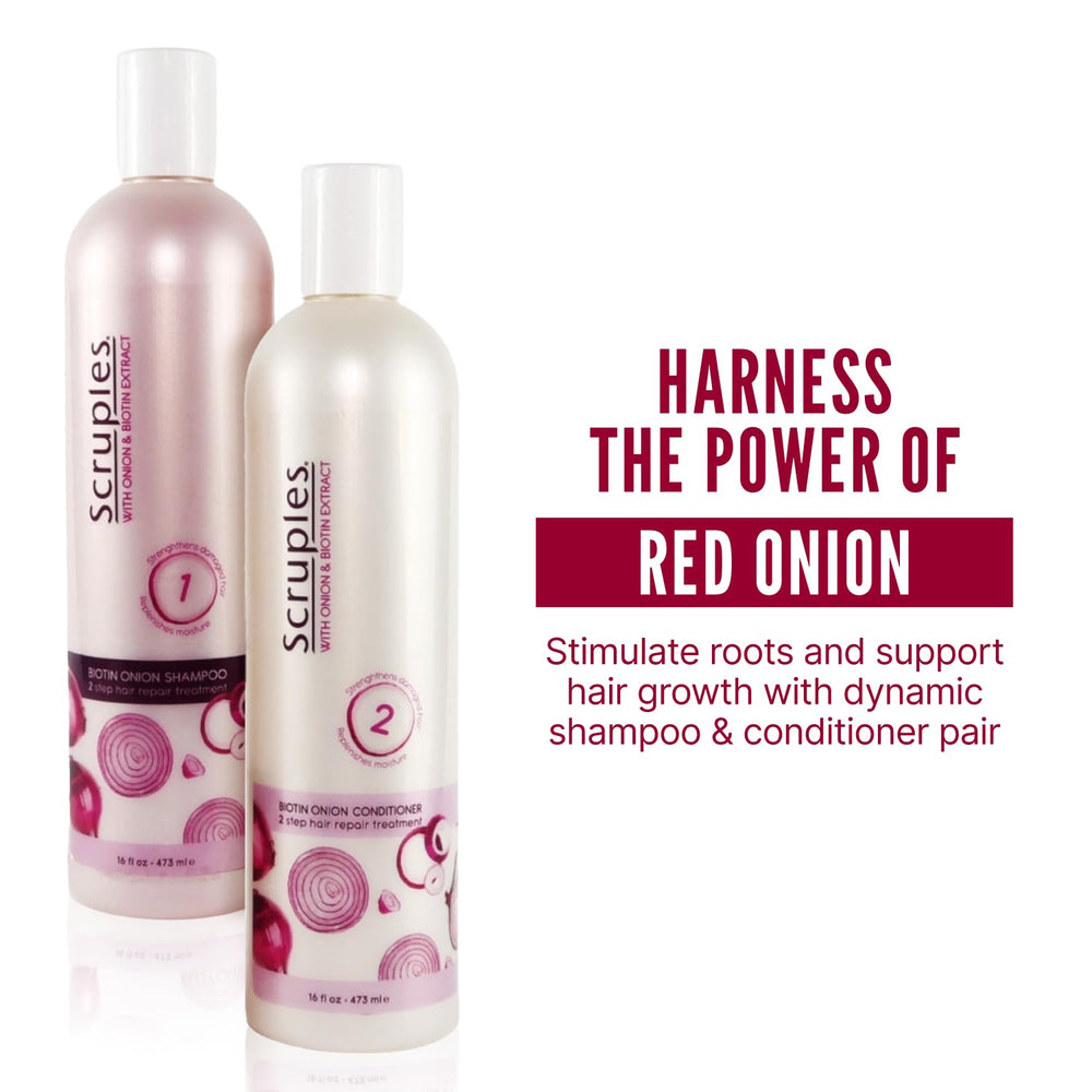 Scruples Biotin Onion Conditioner bottle provides hydration for smoother, stronger-looking strands.