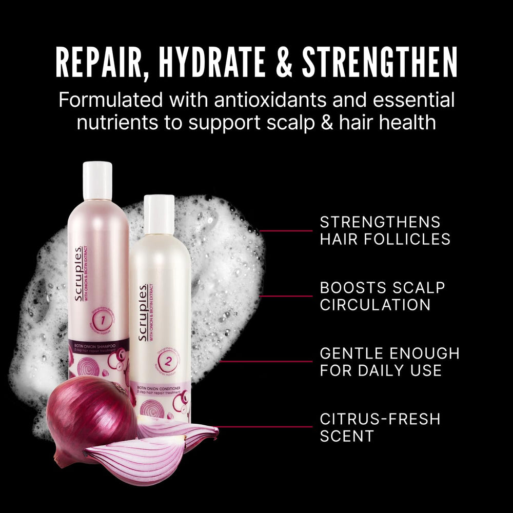 Scruples onion extract ingredient close-up emphasizes antioxidant infusion for scalp nourishment.