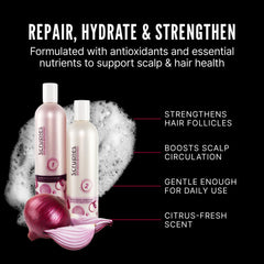 Scruples onion extract ingredient close-up emphasizes antioxidant infusion for scalp nourishment.
