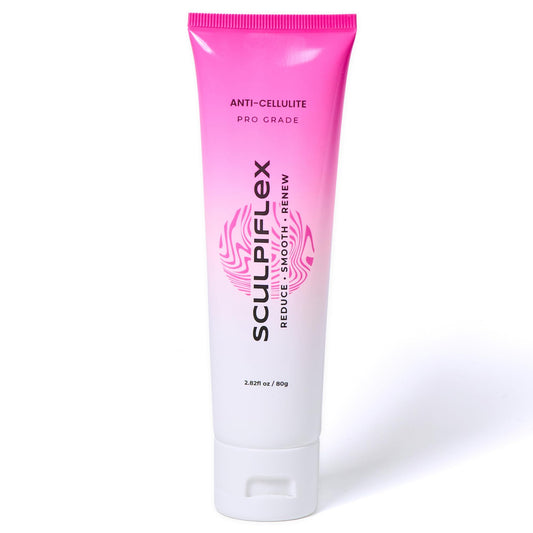 SCULPIFLEX anti-cellulite cream tube smooths texture and hydrates skin.