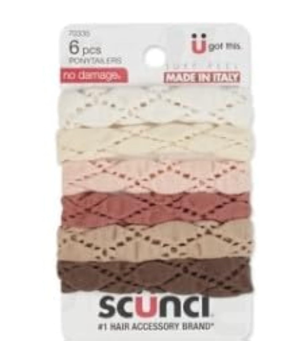 Scunci textured no-damage ponytailers for gentle, secure daily styling.