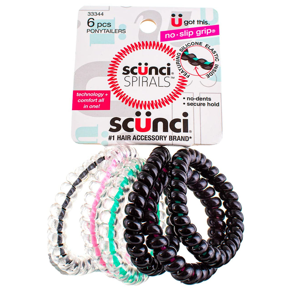Scunci Spiral Ponytailers with NS Inner Core pack shown for secure, gentle hold during daily use