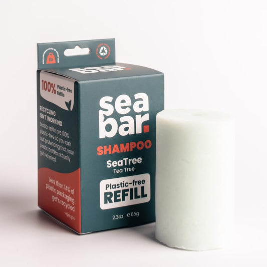 SeaBar shampoo bar refill packaging shows eco-friendly zero-waste design.