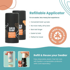 SeaBar zero-waste packaging highlights eco-friendly, refill-ready design.