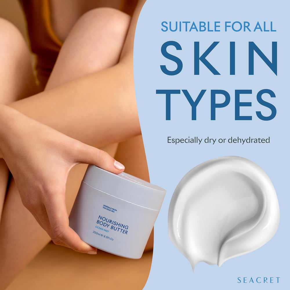 Applying SEACRET Ocean Mist body butter after shower on damp skin