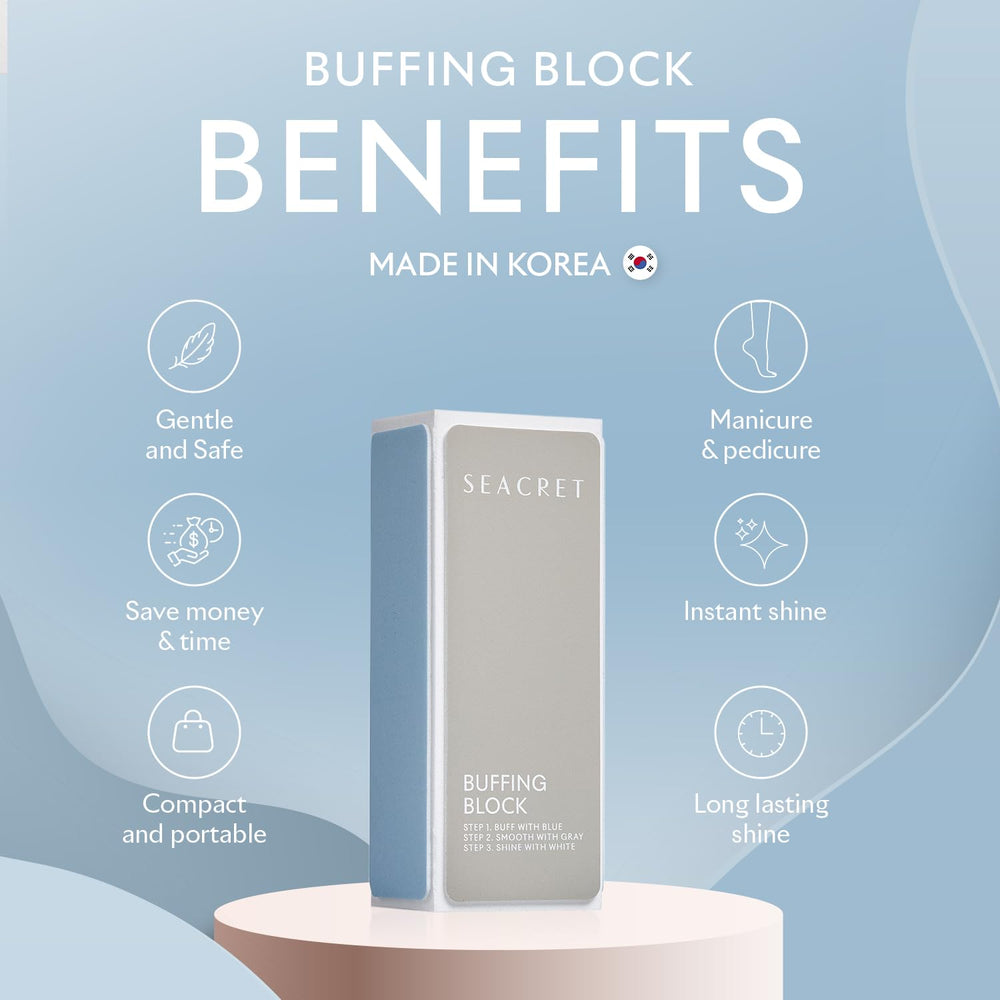 SEACRET Minerals Professional Nail Buffer Block three-steps guide illustrating buffing sequence