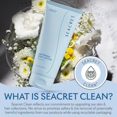 Spa-like shower scene suggesting at-home pampering with SEACRET lotion