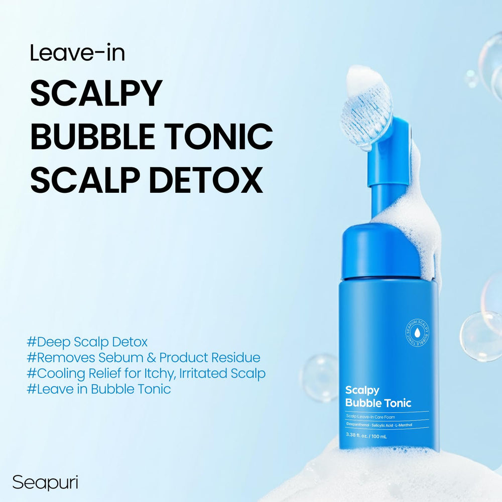 Seapuri Bubble Tonic foam close-up highlighting micro-bubbles exfoliating oil and flakes.