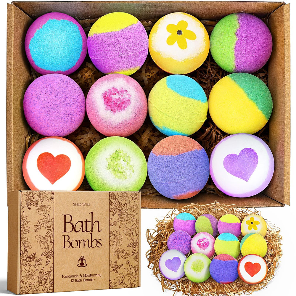 SeasonBliss bath bombs 12-pack box, a perfect gift and home spa starter kit.