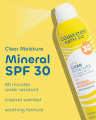 Seaweed Bath Co. SPF30 spray in use, showing quick, even coverage.