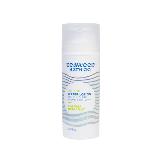 The Seaweed Bath Co. Melt-In Water Lotion bottle shows sea-salt bergamot hydration.